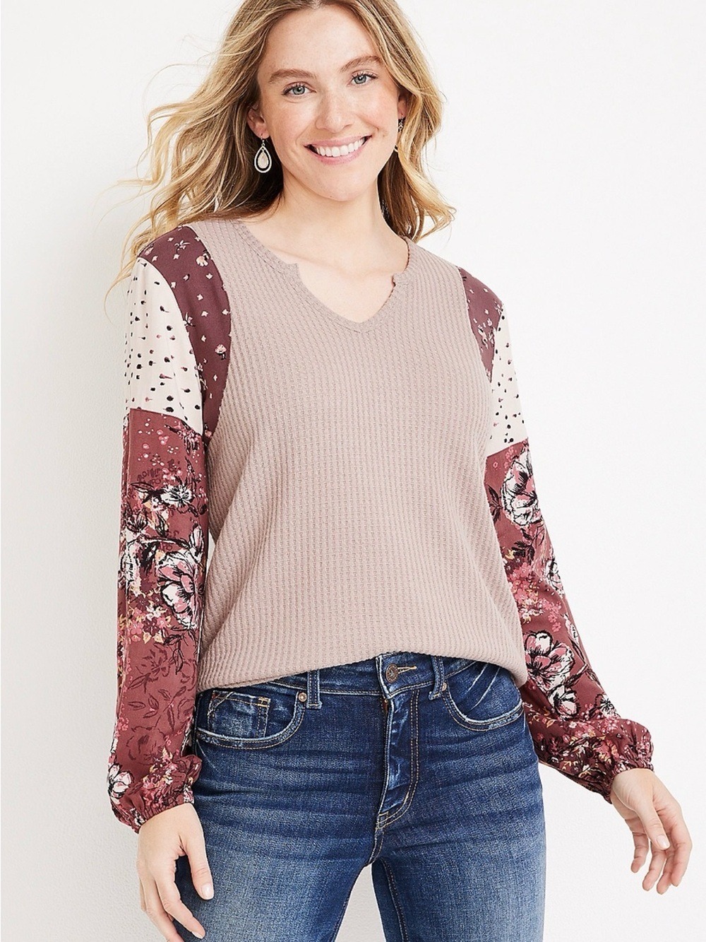 Maurices Cottagecore Mauve Waffle Knit Floral Print Balloon Sleeve Top Size 2X
